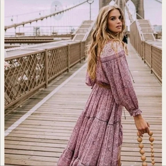 Spell Dahlia Tiered Midi Peasant Dress in Mulberry Pink/Purple Floral, Small EUC - Picture 4 of 16